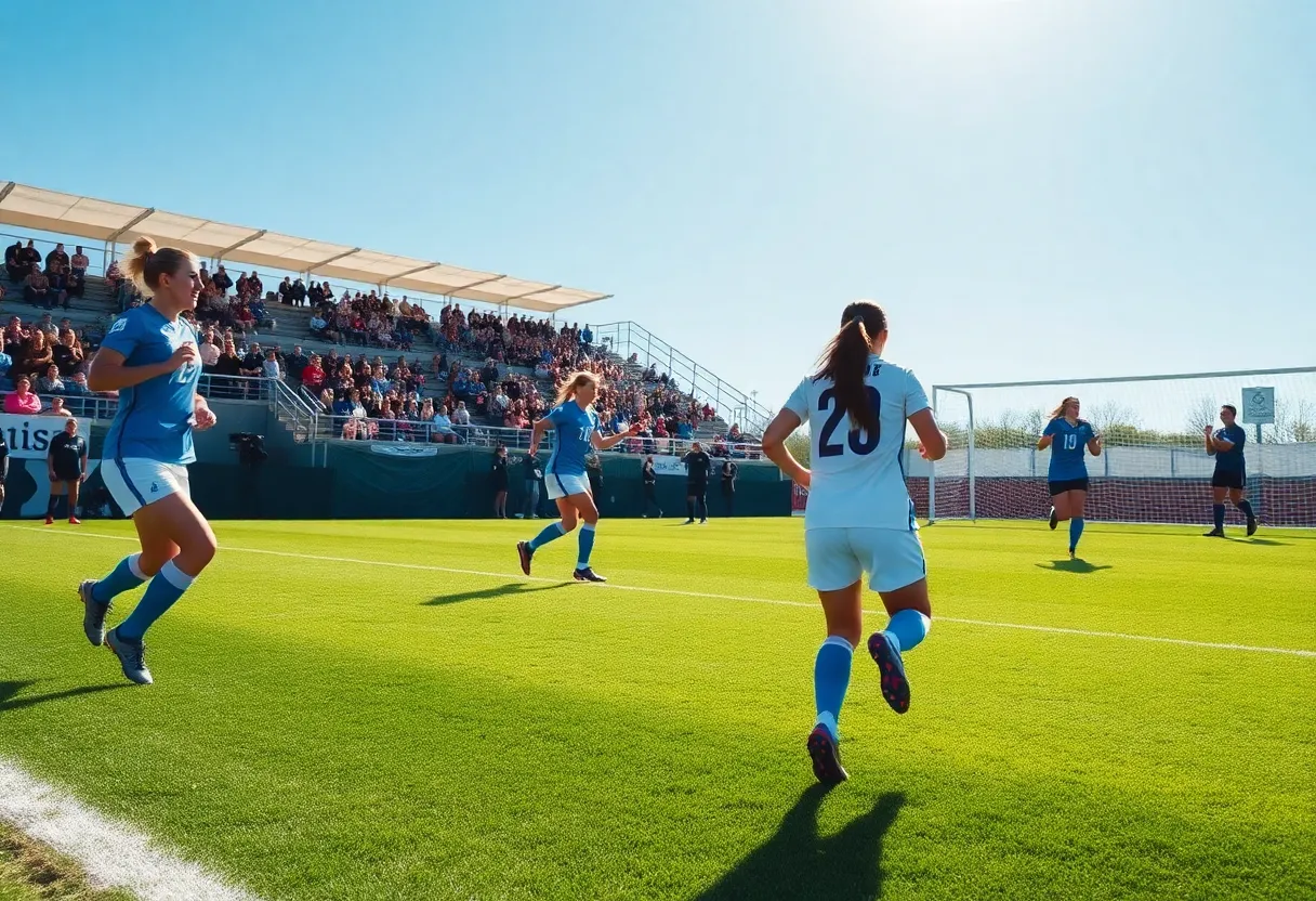UNC Asheville women's soccer team celebrates their victory over VMI.