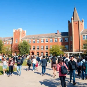 A bustling university campus filled with students.
