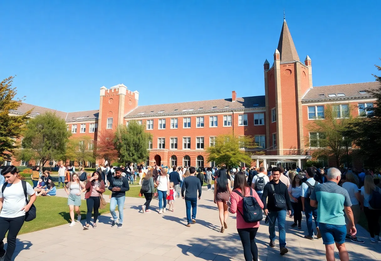 A bustling university campus filled with students.