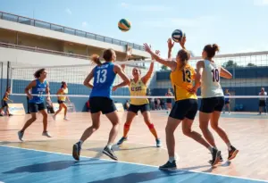 Players engaged in a volleyball game on the court