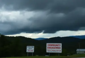 Storm clouds over Western North Carolina highlighting emergency notification signs.