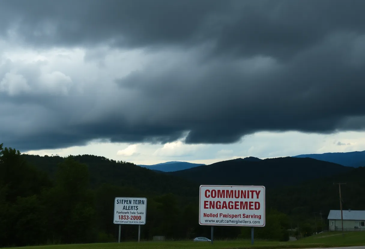 Storm clouds over Western North Carolina highlighting emergency notification signs.