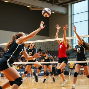 Players from Youngstown State volleyball team competing in a match.