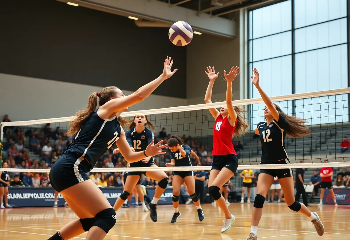 Players from Youngstown State volleyball team competing in a match.