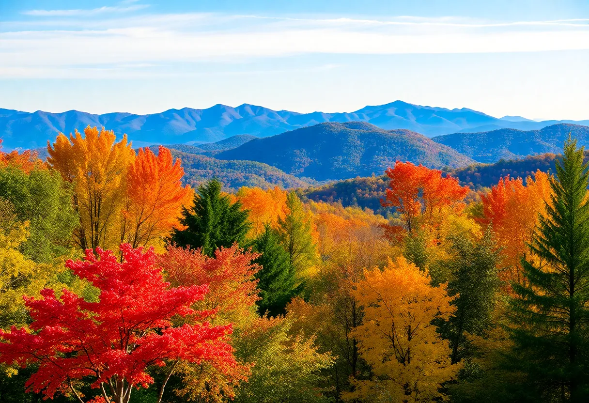 A scenic landscape showing fall colors in Asheville, North Carolina with blue mountains in the background.