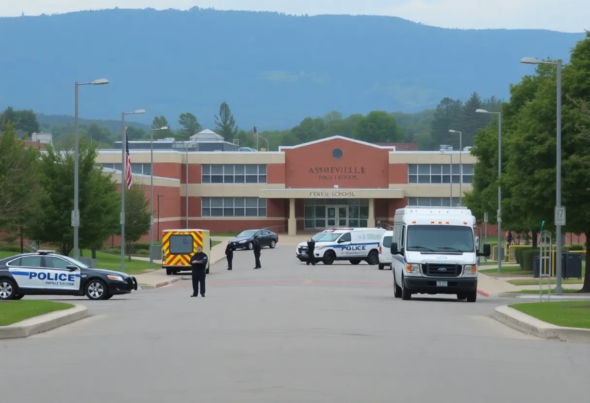 Police cars and emergency vehicles outside Asheville High School during a bomb threat lockdown