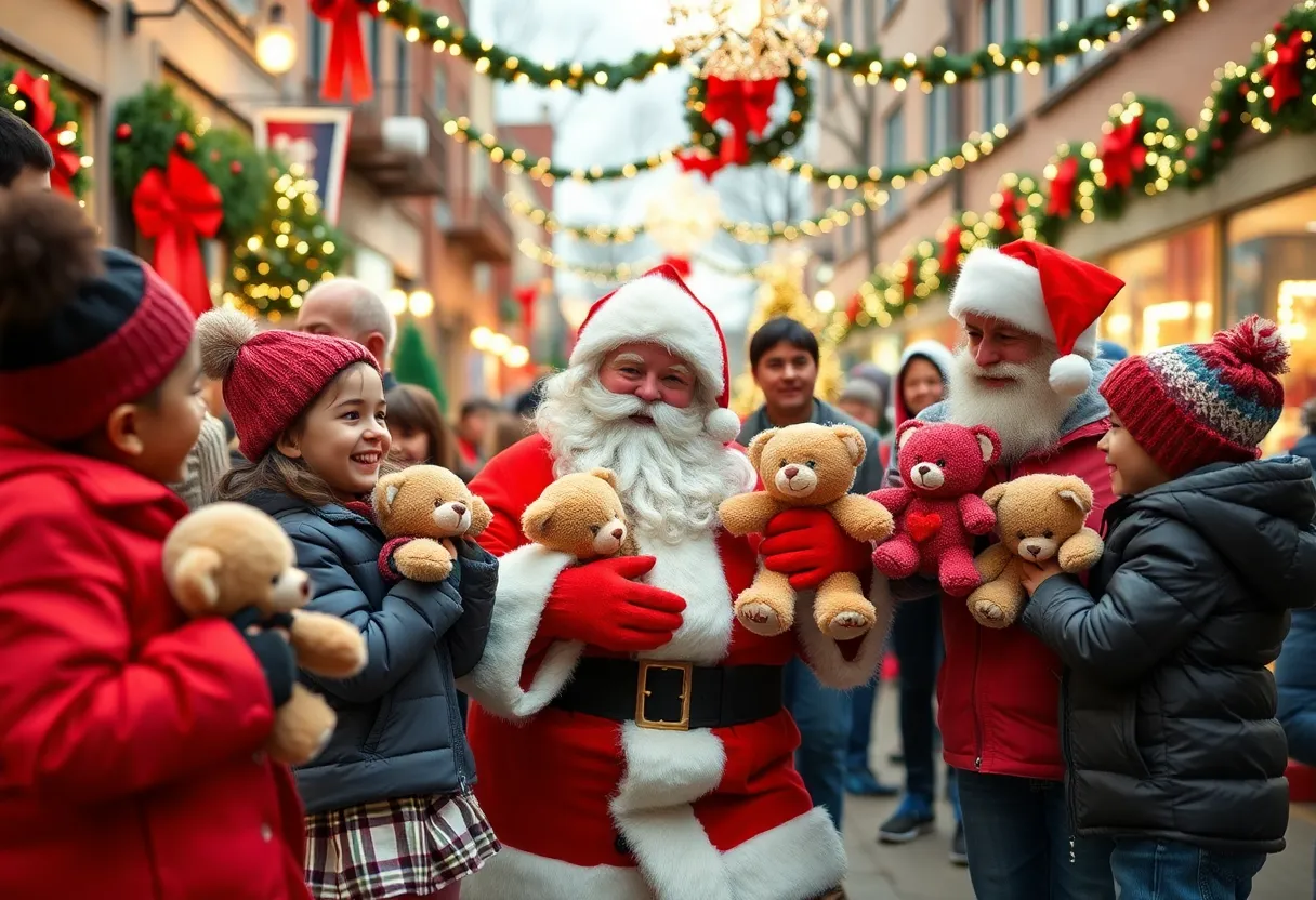 Children receiving teddy bears and visiting Santa in Asheville