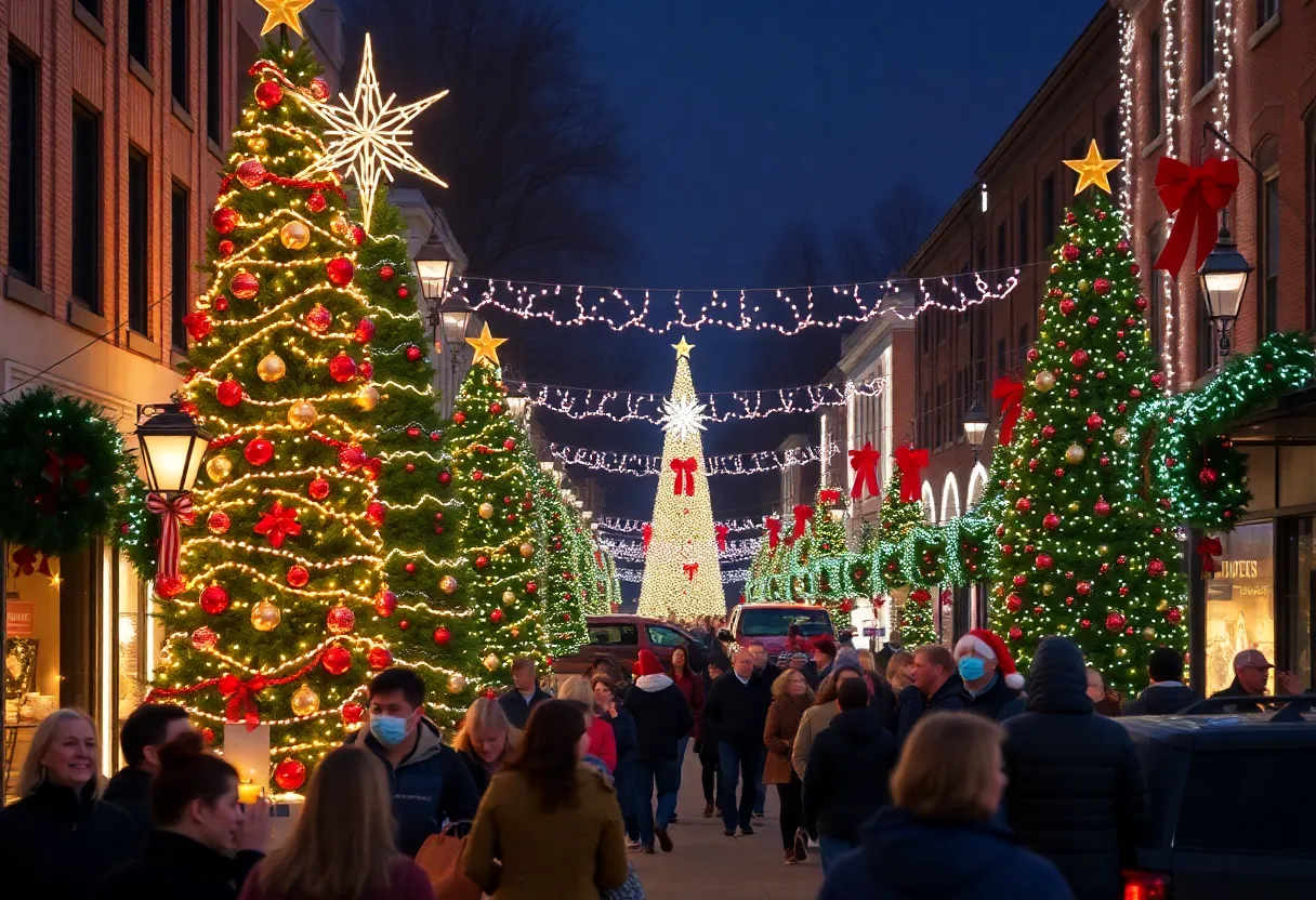 Festive holiday scene in Asheville with Christmas decorations and visitors enjoying local events.