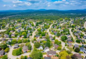 Aerial view of Asheville showing diverse residential homes.