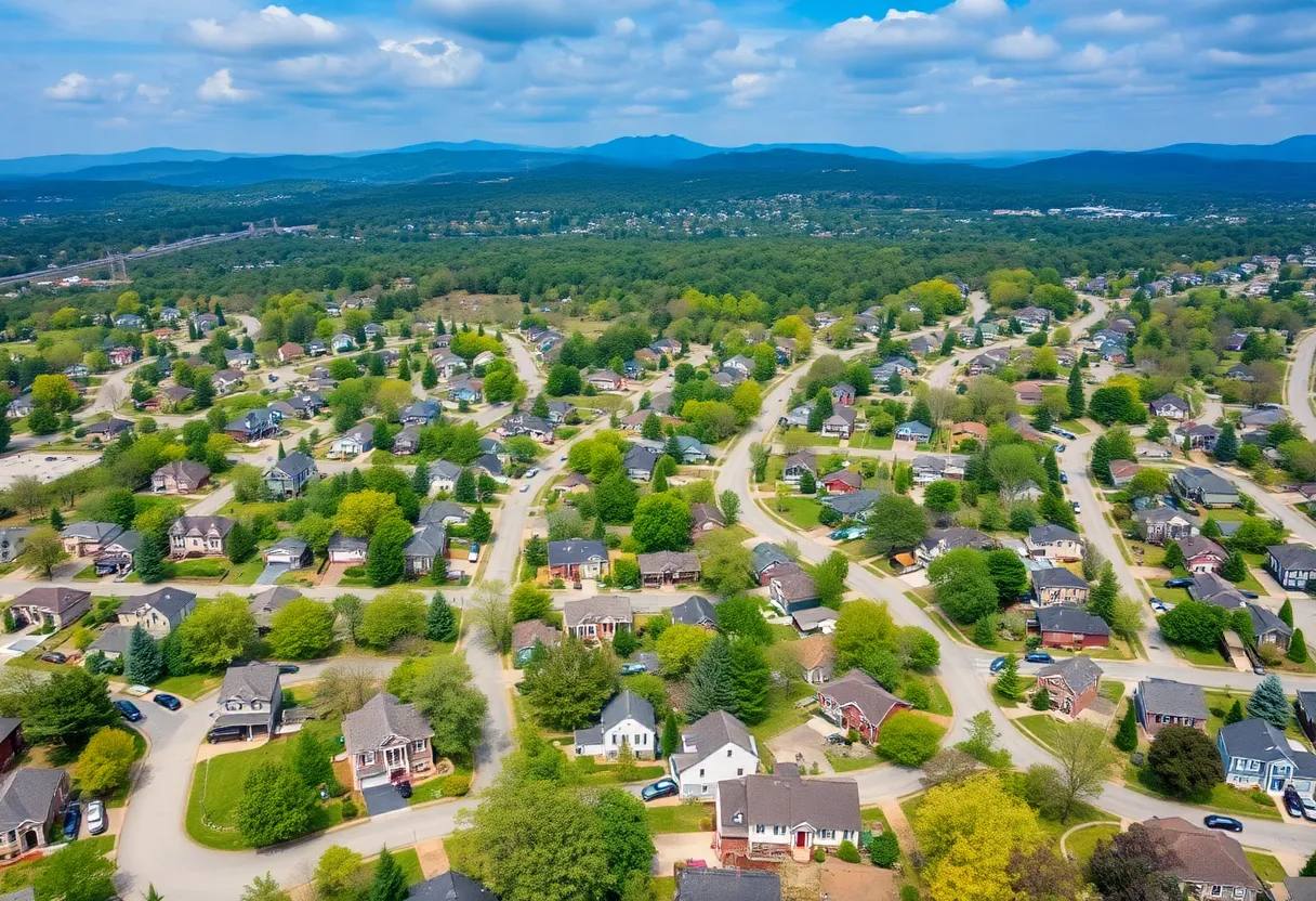 Aerial view of Asheville showing diverse residential homes.