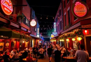 Vibrant nightlife in Asheville with people gathered at restaurants and bars