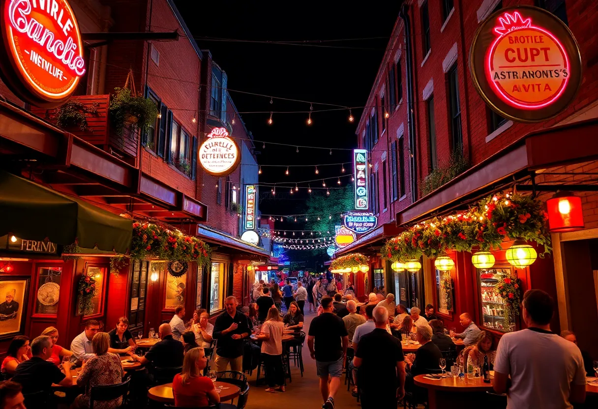 Vibrant nightlife in Asheville with people gathered at restaurants and bars