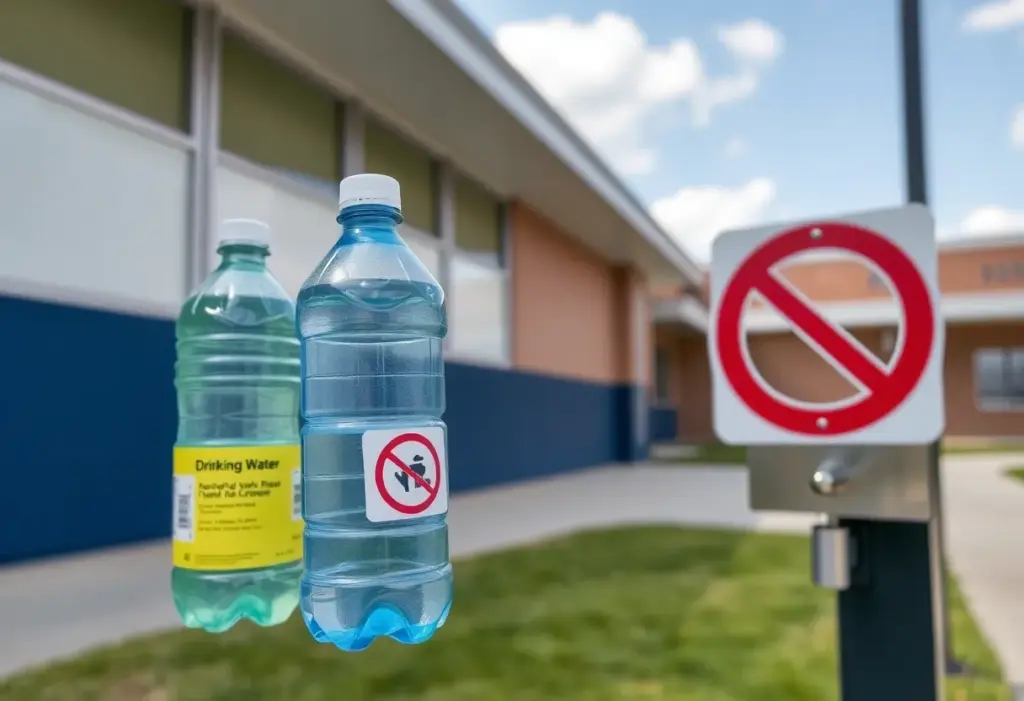 Sign indicating water fountain disabled for safety in Asheville school