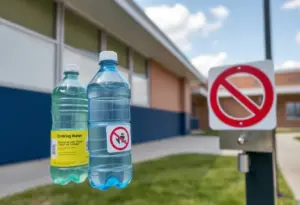 Sign indicating water fountain disabled for safety in Asheville school