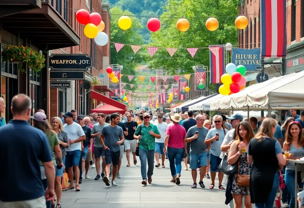 People enjoying a local festival in Asheville with food and drinks