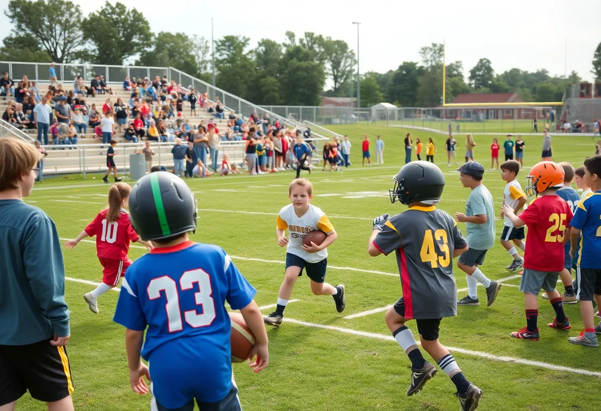 Children playing football at a youth sports event in Asheville