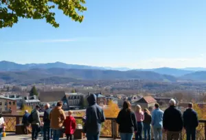 Asheville, North Carolina community helping each other in front of the Blue Ridge Mountains