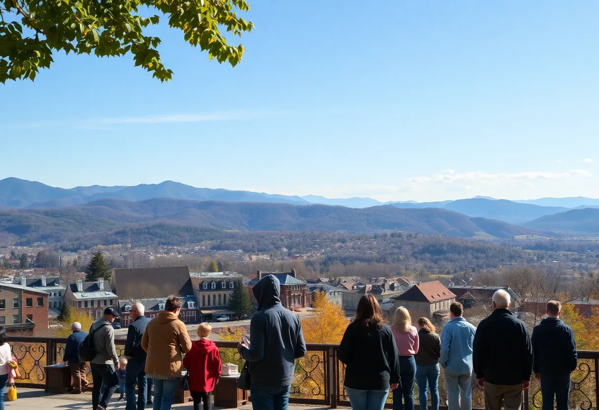 Asheville, North Carolina community helping each other in front of the Blue Ridge Mountains