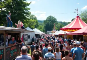 A bustling scene of Asheville's weekend events with food trucks and entertainment.