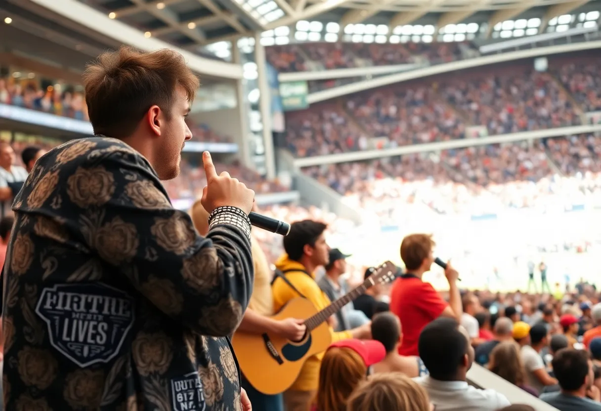 Audience enjoying a lively performance at the Super Bowl Halftime Show.