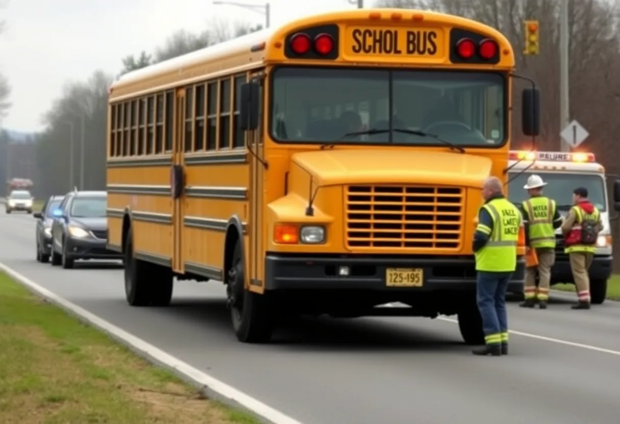 Emergency responders clearing the scene of a school bus collision in Buncombe County