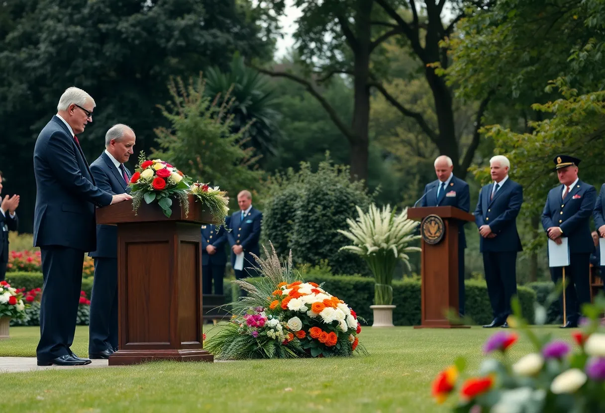 A serene garden ceremony honoring a leader's legacy.