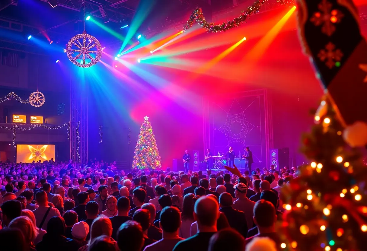 A lively concert crowd enjoying the Christmas Jam in Asheville