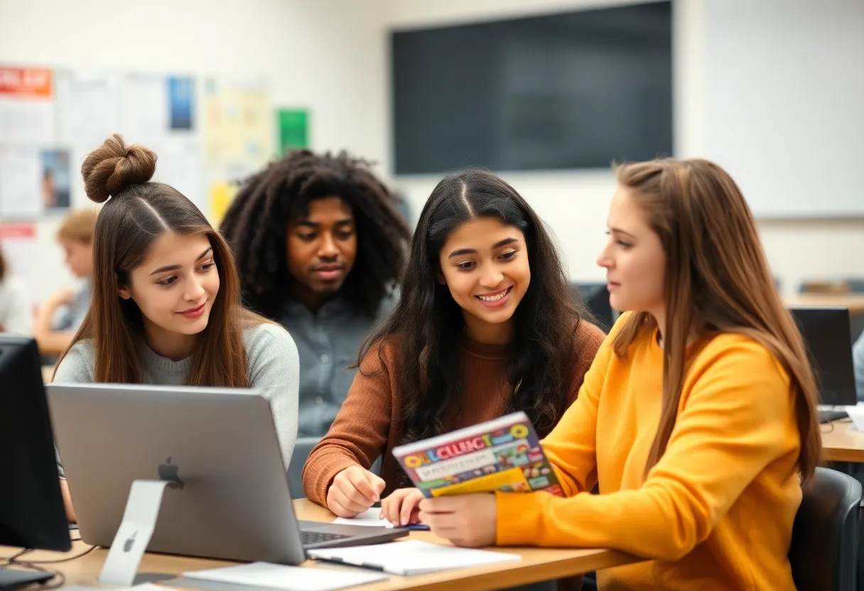 High school seniors reviewing college applications