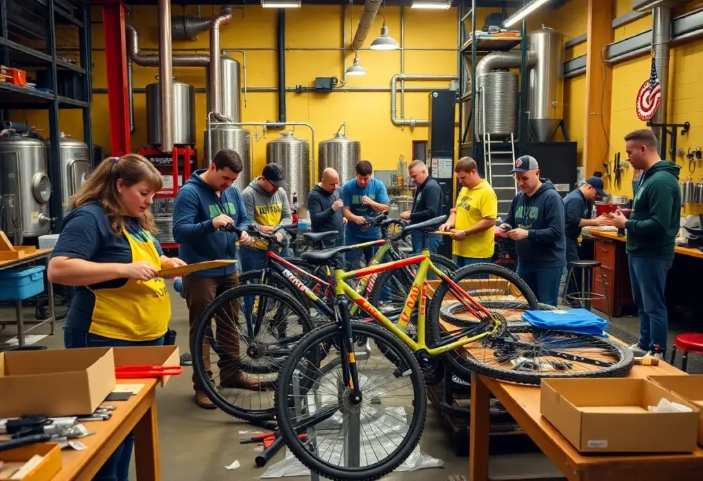 Volunteers working together to assemble bicycles for donation