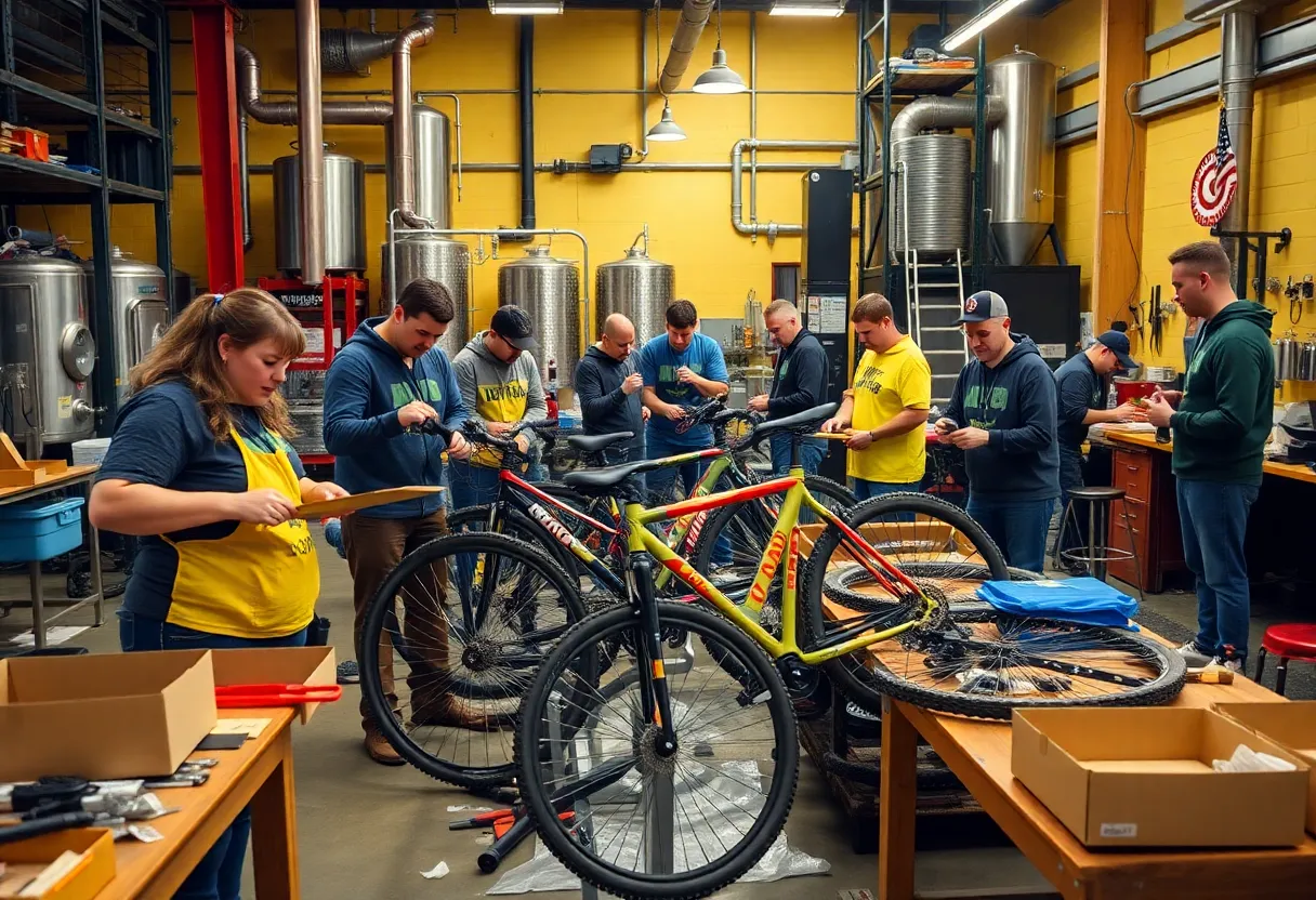 Volunteers working together to assemble bicycles for donation