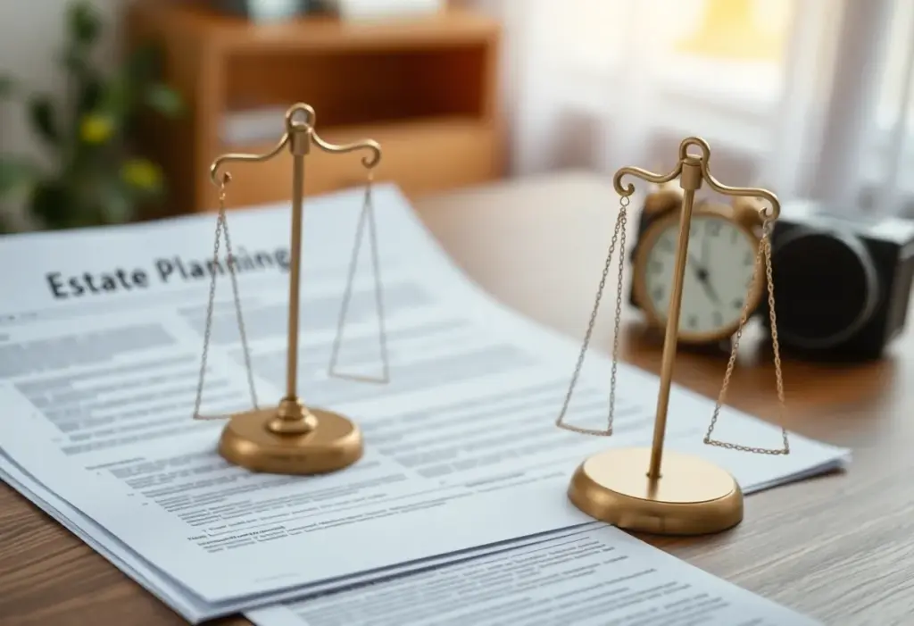 Visual representation of estate planning concepts including documents and family icons.