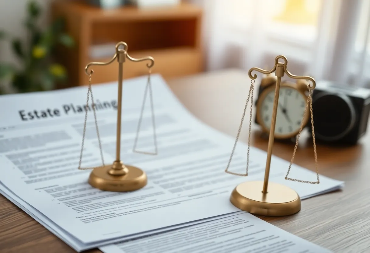 Visual representation of estate planning concepts including documents and family icons.