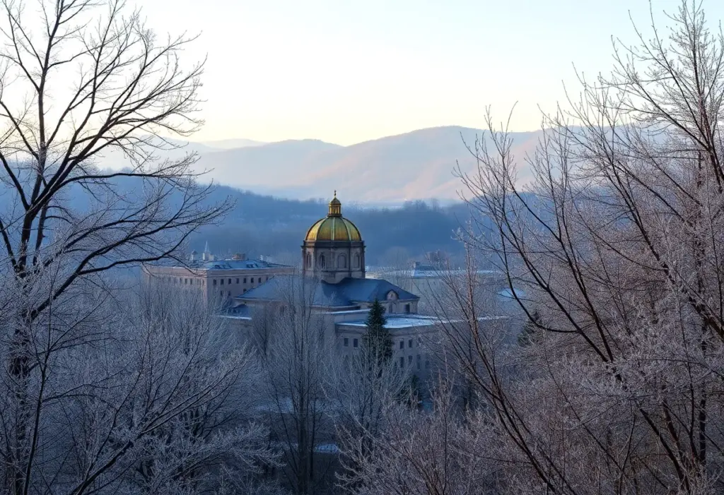 Frost-covered trees and plants in Asheville, North Carolina