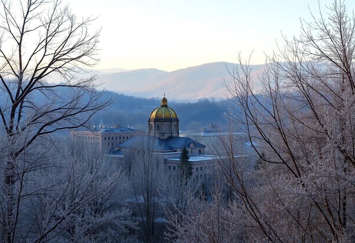 Frost-covered trees and plants in Asheville, North Carolina