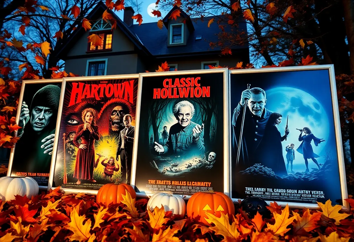 Spooky movie posters featuring various horror films for Halloween