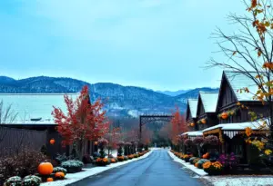 Asheville mountains covered in a rare Halloween snowfall with autumn decorations