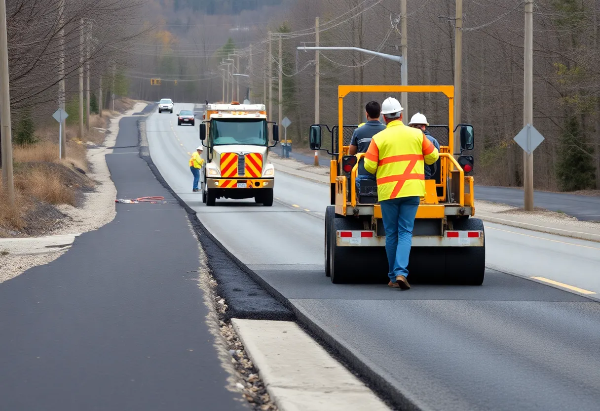 Construction workers resurfacing Hazel Mill Road in Asheville, NC.