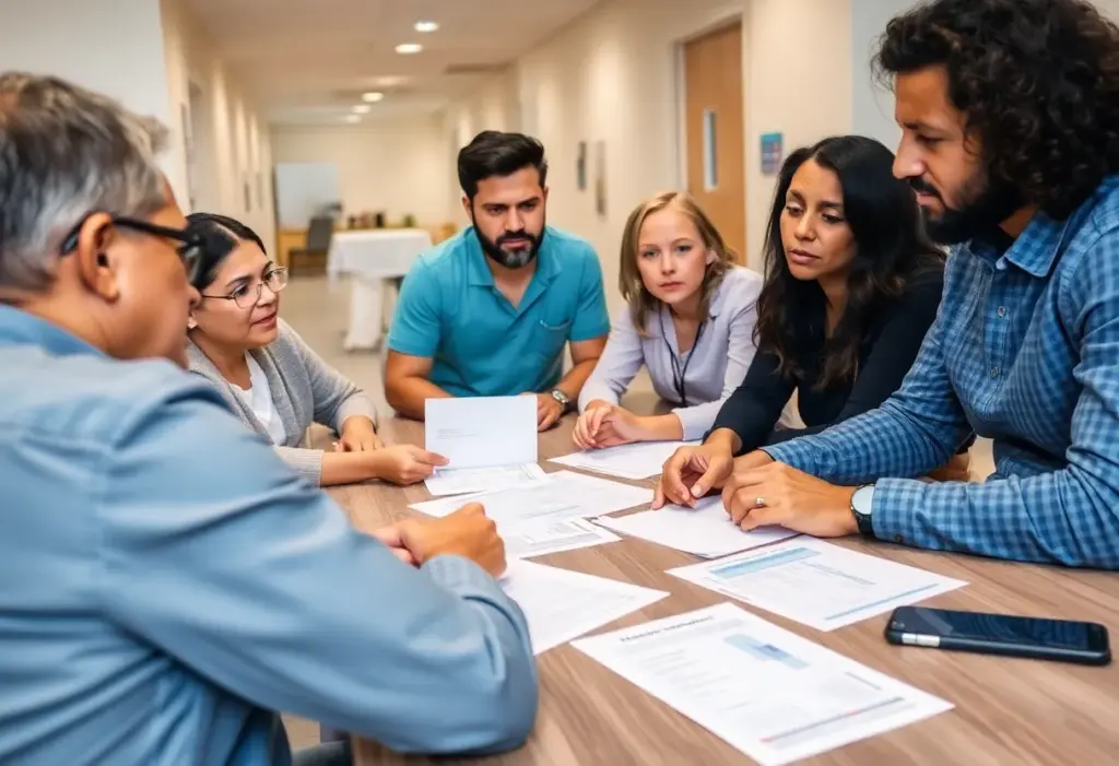 Family discussing health insurance in a hospital setting