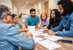 Family discussing health insurance in a hospital setting