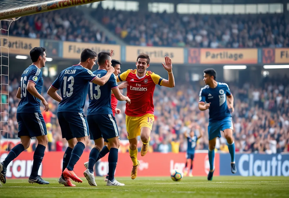 High Point University men's soccer team celebrating a victory on the field.