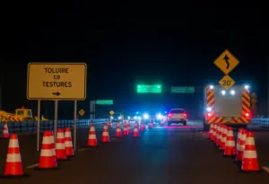 Construction activity on I-26 at night with traffic rerouting signs.