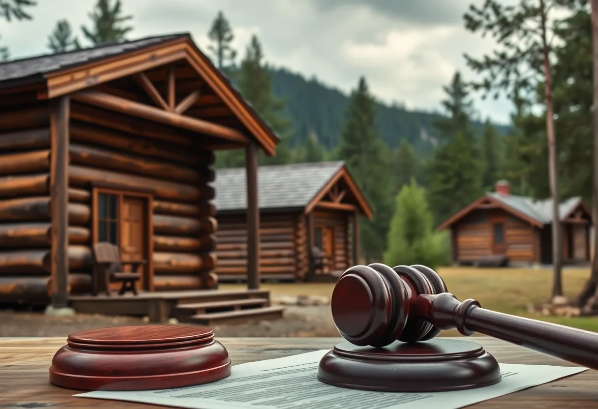 Scenic log cabins with legal symbols in the foreground.