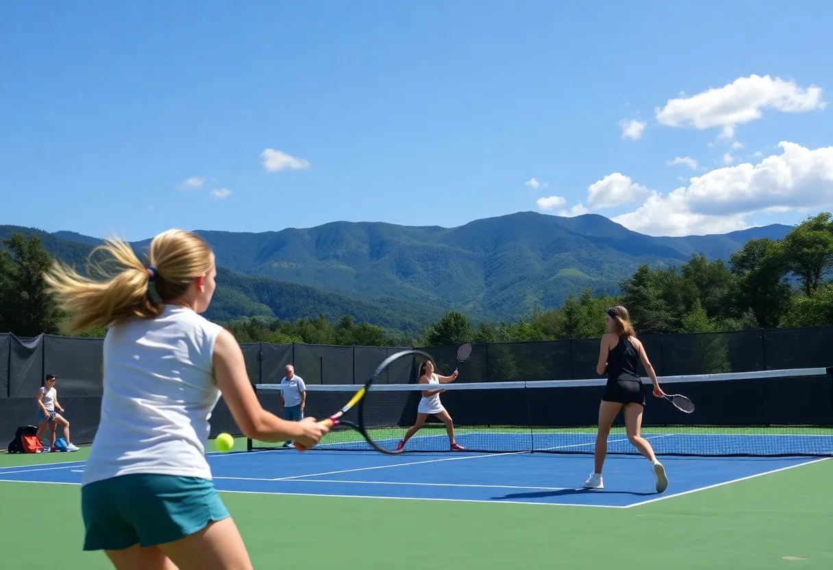 NCCU women's tennis players competing against UNC Asheville.