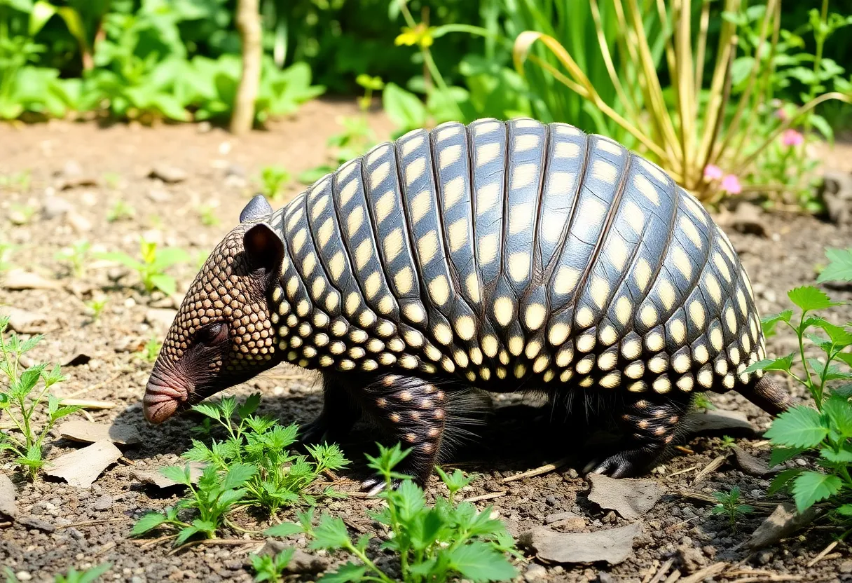 A nine-banded armadillo foraging in the ground
