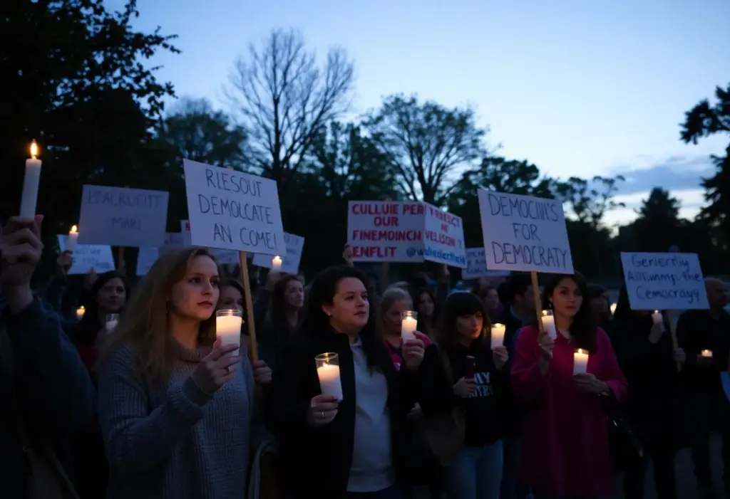 People holding candles during the No Kings protests in Asheville
