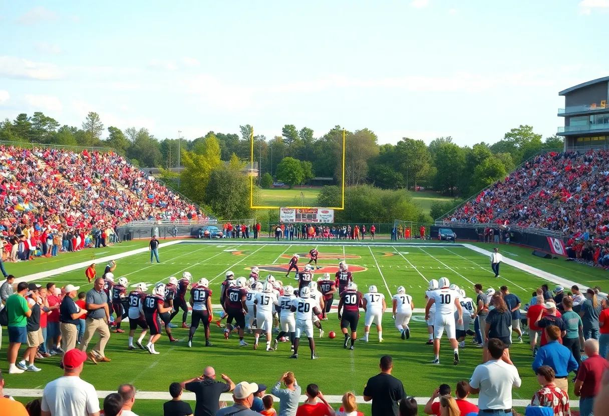 High school football players on the field during a game in North Carolina.