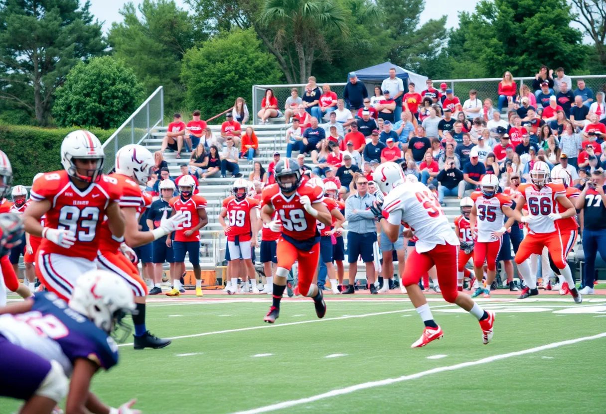 Players competing in a North Carolina high school football game
