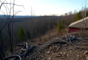 Forest area in North Carolina showing drought effects and wildfire prevention measures.