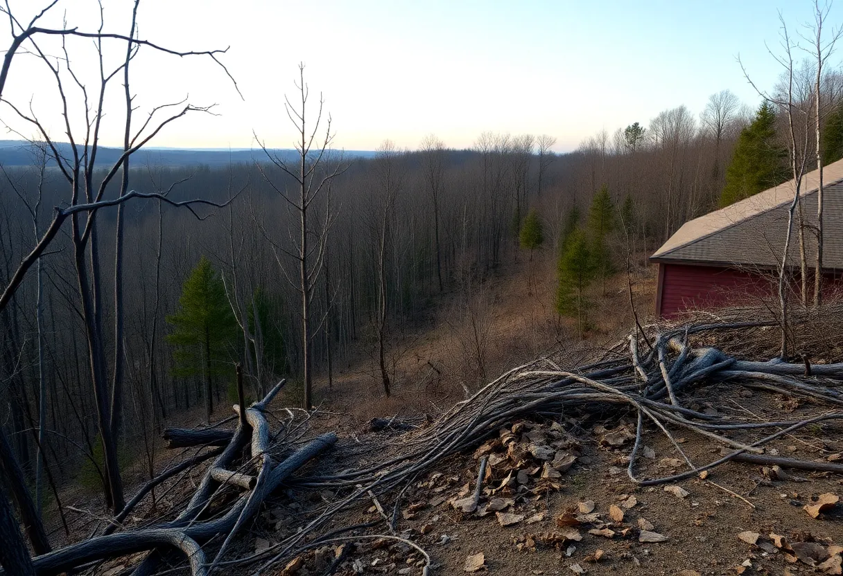 Forest area in North Carolina showing drought effects and wildfire prevention measures.