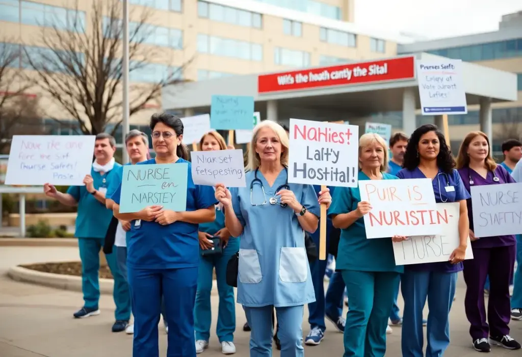 Nurses protesting outside Mission Hospital in Asheville, NC, advocating for better patient safety measures.
